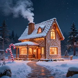 a foot path leads to a modern gingerbread house designed by a fairy tale and frank lloyd wright. from the house delicious smelling thick smoke curls out of a chimney. in front of the house is a sculpture made from a candy cane. snow flurries are the air, it's magic. rgb ambient backlit. digital art, photorealistic, epic fantasy, awe inspiring, dramatic lighting, cinematic, extremely high detail, cinematic lighting, trending on artstation, artstation, cgsociety, 3 d octane unreal engine, 4 k, hq,