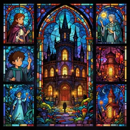 stained glass!!, haunted mansion, infographic with illustrations!!!, glowing lights, epic fantasy, colorfully, digital art, highly saturated colors, concept art, detailed illustration, hd, 4 k, digital art, greg rutkowski, dan mumford, studio ghibli trending on artstation