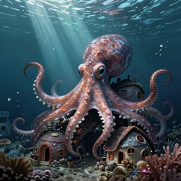 octopus village. underwater. octopus houses. beneath the sea. matte painting. artstation. deviantart. digital painting.