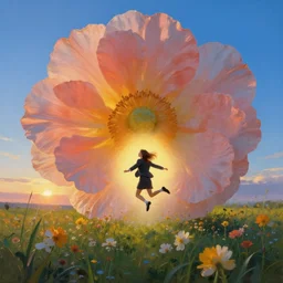 closeup, giant flower head, a girl in suit jumping in a field of flowers, surreal photography, sunrise, blue sky, dramatic light, impressionist painting, digital painting, artstation, simon stalenhag