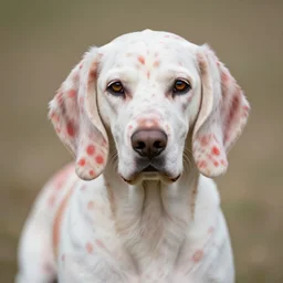 a dog with many red spots and circles on his white fur, very long ears