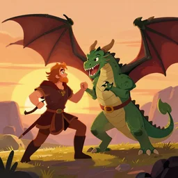 “Gerald of Livia fighting dragons at sunset cartoon” style