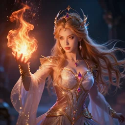 highly detailed portrait of a beautiful celestial mage casting a fire spell, dramatic light, artstation