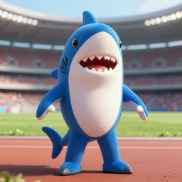 Render of a 3D Shark Mascot Costume, with legs and arms, stadium setting, highly detailed, trending on artstation, photorealistic, Unreal Engine 4k