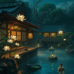 painting of night time intimate traditional onsen next to japanese inn with [ floating glowing lotus flowers ] in mid - air by greg rutkowski craig mullins mucha cozy hot springs bonsai zen garden warm teahouse [ traditional japanese motifs ] concept art fantasy d & d soft lighting octane artstation