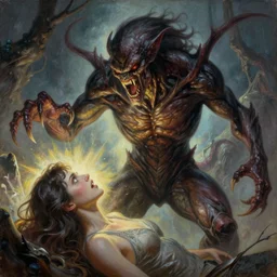 The painting is in an animated style, with highly realistic detail. It depicts a scene from a Lovecraftian story, in which an evil creature is attacking a human. The creature is big and menacing, with sharp teeth and claws.