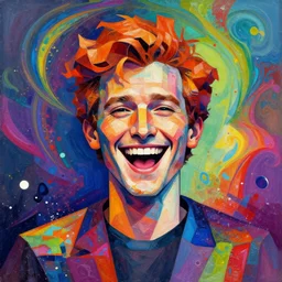 a portrait of a laughing man with ginger hair, by ross tran in a cubist style rendered in minecraft, psychedelic, rainbow, swirling splattered colors, otherworldly, abstract