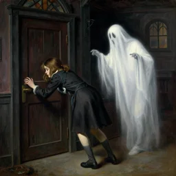this girl was struggling with the doors in a haunted house so the ghost came to the rescue. painting by henri moret, arnold bocklin, hammershoi