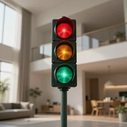 Taiwan traffic lights inside a spacious apartment interior cinematic lighting vray 8k low angle shallow depth of field, green light, amber light, red traffic light