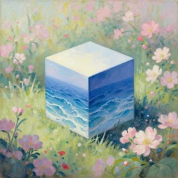 classicism oil painting, cube of the ocean in the middle of a blooming garden, soft light, soft gentle colors, in style of classicism mixed with 8 0 s japanese sci - fi books art