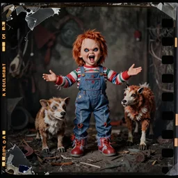 damaged kodak portra 4 0 0, wetplate, photo of a surreal artsy dream scene,, screaming chucky doll, weird fashion, grotesque, extravagant dress, strange pose, carneval, with an animal, wtf, photographed by paolo roversi style