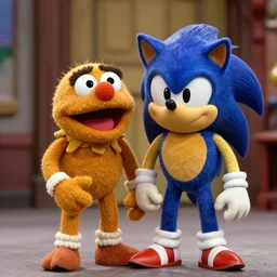 movie still of the muppet movie featuring sonic the hedgehog as a muppet, by jim henson.