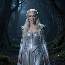 portrait of mischievous, dangerous young, smiling Galadriel (Cate Blanchett) as a queen of fairies, dressed in a beautiful silver dress. The background is a dark, creepy eastern europen forrest.  night, horroristic shadows, high contrasts, lumnious,  photorealistic, dreamlike, (mist filters), theatrical, character concept art by ruan jia, John Anster Fitzgerald, thomas kinkade, and J.Dickenson, trending on Artstation