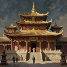 a pyschonautistic paranormal Harlem Renaissance & Futurism mixture Matte painting of buddhist temple