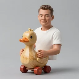 Rick Astley holding a toy wooden duck with wheels