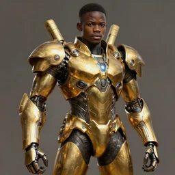 nigerian boy dressed with golden mech super armor, digital painting, exquisite detail, cinematic, intricate, genndy tartakovsky, greg rutkowski