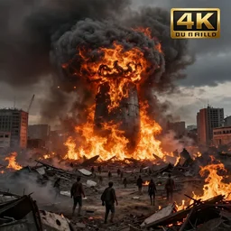 end of the world, atomic, bomb, smoke, fire, zombie, destroyed, burning ground, doom, city, realistic, photorealistic, long - shot, press, surreal, destruction, downfall, catastrophe, natural disaster, termination, ruination, ruin, extinction, annihilation, death, horrifying, horror, glow up, 8 k, very detailed, ultra hd, hdr