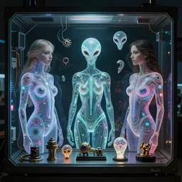 Ladies in holograms of alien artifacts, electrical case display, total recall tech, , ultrarealistic, dramatic lighting, electrical details, high details, 4k, 8k, best, accurate, trending on artstation, artstation, photorealism, ultrarealistic, digital painting, style of Tristan Eaton Stanley Artgerm and Tom Bagshaw, Caravaggio,