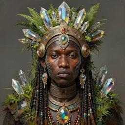 upper half portrait digital painting of retro futuristic african tribal chief - embellished with vegetation and iridescent crystals, art by stanley artgem lau, highly detailed, digital painting, concept art, illustration, smooth sharp focus, intricate, symmetry, artstation, colourful,