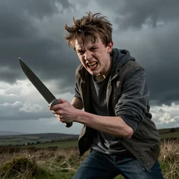 A British teenager with a knife trying to stab you, very aggressive, rotten teeth, furious, wild, British