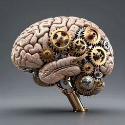 brain made out of cogs and wheels and gears, mechanical hi-tech configuration, highly detailed, 3-D render engine 5
