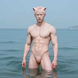 award winning beautiful portrait commission art of a shirtless muscular albino male furry standing waist deep in a still sea at beutiful sunset, summer Atmosphere. Character design by charlie bowater, ross tran, Greg Rutkowski,Thomas Kinkade and makoto shinkai, detailed, inked, western comic book art