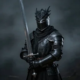 portrait of gothic knight wearing black dragon helmet, dark misty background, holding gigantic straight sword, detailed, realistic photography