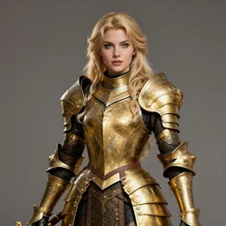 Gorgeous Blond Lady Knight in an ornamental Gold and Black armor, fantasy, trending on Artstation, trending on Deviantart, artstationHQ, artstationHD, full color