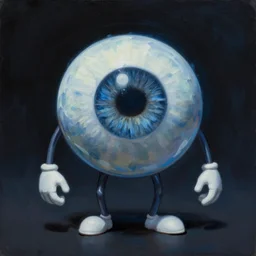 A portrait of an eye ball that has legs and hands, dark, blue light, black gradient background, oil painting