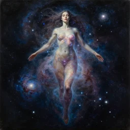 a giant woman floating among the stars. she is made of galaxies and nebula and a million sparkling stars. dramatic light and dark. beautiful well composed painting with detailed face by ilya kuvshinov and artgerm and greg rutkowski and alphonse mucha.