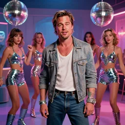 color film still, brad pitt and his clones at the disco, neon lights
