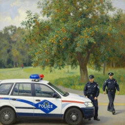 oil painting lanscape by anders zorn, nature, fruit trees, very very very very beautiful art, dramatic light, police car closeup, arrest by angry police