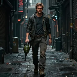 a detailed full bodied matte portrait of an extremely handsome jensen ackles as time traveler walking down a dark alley of a futuristic dystopian cyberpunk city, holding a milkor mgl grenade launcher, aetherpunk, masterpiece, 8 k, art by greg rutkowski and albert bierstadt and arthur rackham and alphones mucha