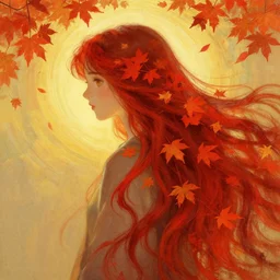 a girl with super long hair, hair becoming autumn red leaves, digital painting, art by artgerm and greg rutkowski and alphonse mucha