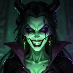 a portrait photo of a poison themed female villain, glowing green, poison dripping, poison teeth, detailed character design, symmetrical face, purple highlights closed eyes, no eyes,