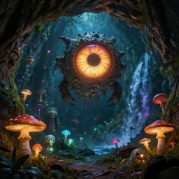 beholder ad&d style, flying monster with a large glowing eye, deep dungeon cave under the earth, flying, mushrooms, skulls, glowing with thousand different colors, jungle, waterfalls, dramatic, realistic, hyperdetailed, 8K, ArtStation, ZBrush, Octane, Zdzisław Beksiński