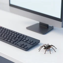 a computer on the table and a spider next to it