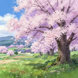 beautiful illustration of a landscape in a cherry blossom storm, japanese countryside, lavender colour splash, in the style of Katsuhiro Otomo and Takehito Harada and Yoshitaka Amano