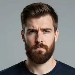 a bearded man, raised eyebrow, skeptical expression, professional photography, studio lighting