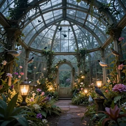 glass greenhouse, lost world, birds, flowers, fairy tale, evening lights, highly detailed, low angle view, artstation, mysterious, comfort, in the style of aetherpunk