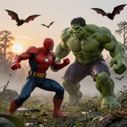 Marvel Comics The Psycho Juggernaut Battles The Biomechanical Hulk In A Misty Swamp, bats, sunset, volumetric lighting, hyperrealistic, beautiful details, HDR, octane render, action shot, wide angle, bokeh, Yasushi Niarasawa Moebius Jim Steranko Style