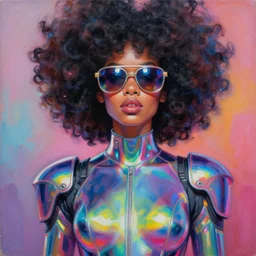 a painting of a woman with a big square afro and large reflective sunglasses, wearing a bodysuit with shoulder pads, cyberpunk art by lois van baarle : : trending on artstation, afrofuturism, iridescent, chromantic, strong, powerful, detailed painting