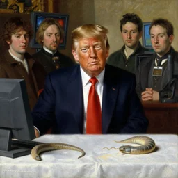 baroque oil painting of donald trump in a scene from the matrix ( 1 9 9 9 ), painted by greg rutkowski cushart krentz jeremy mann, dune sandworm, computer screens, hdr, front view, close up shot, soft lighting, elegant, morandi color scheme, white embroidered tablecloth, baroque style