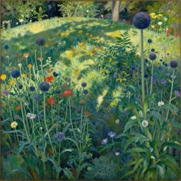 globe flower garden on hills by henri rousseau masterpiece shadows and highlights mucha beksinski