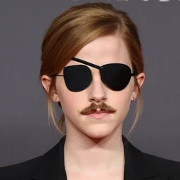Emma Watson with an eyepatch and a mustache