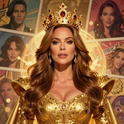 Portrait of Sofia Vergara as the Golden Queen wearing a majestic crown, luxurious scene, mattepainting concept Blizzard pixar maya engine on stylized background splash comics global illumination lighting artstation  lois van baarle, ilya kuvshinov, rossdraws
