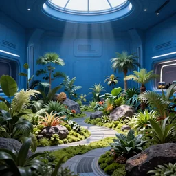 a large blue futuristic room, startrek style, filled with plants, vegetation, rocks