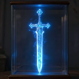 fantasy greatsword glowing with blue magical power displayed in a case, art by greg rutkowski