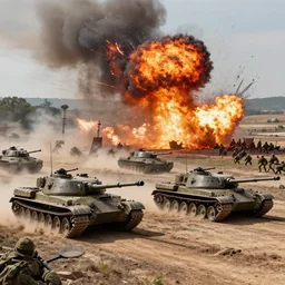 tanks on a battlefield with soldiers and explosions by greg rutkowski