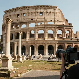 a camera slowly disappearing in ancient rome, advertisement, highly detailed, cinematic, anamorphic shot, ancient roman style